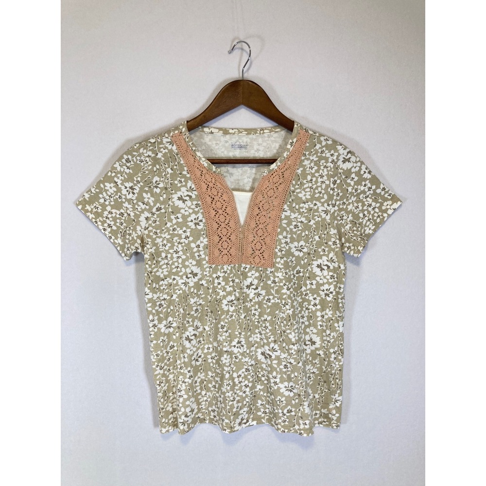 Cottagecore Basic Editions Womens S Green Floral Crochet‎ Lace V-Neck Cotton Tee